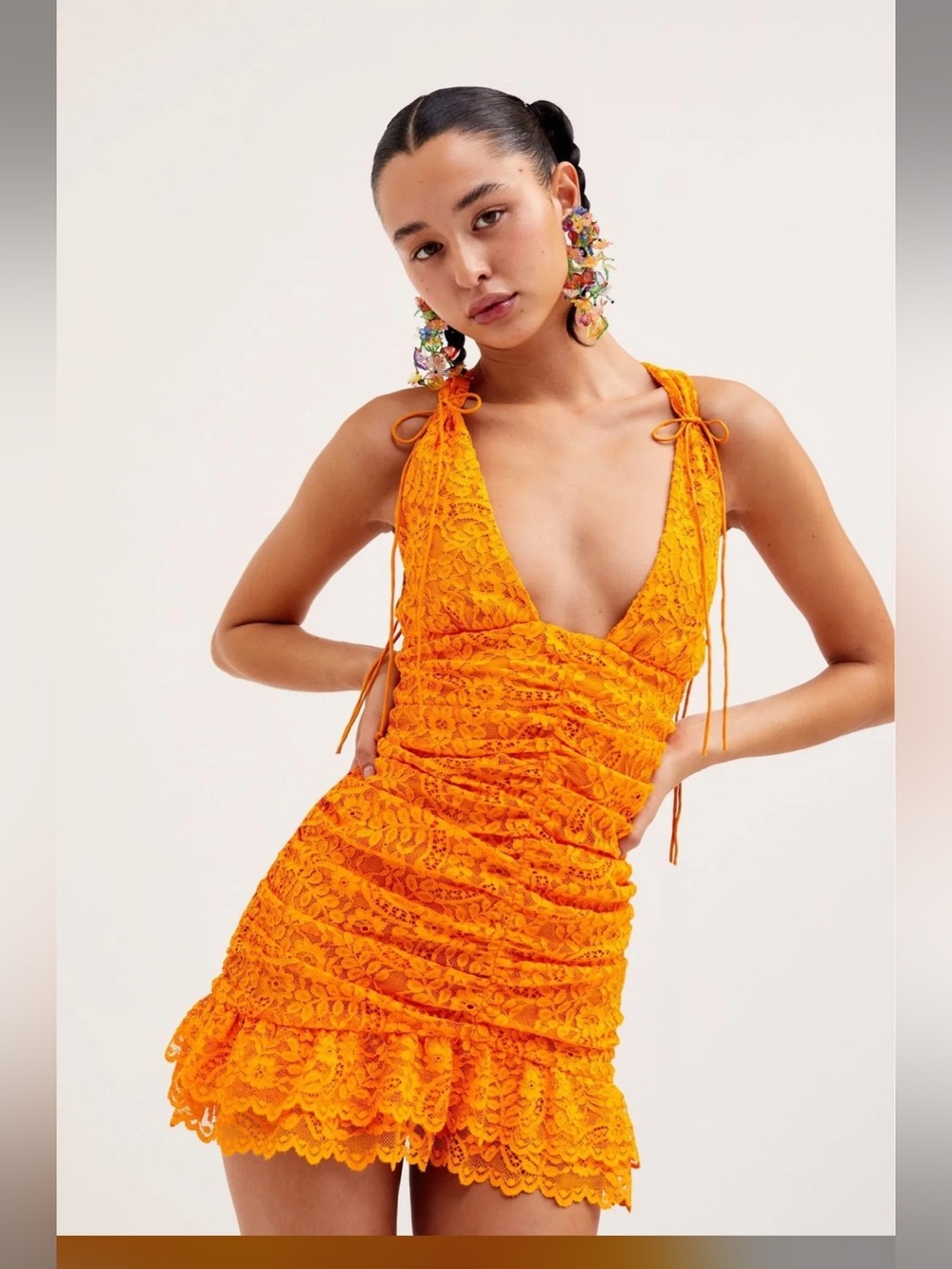 For Love & Lemons Orange Lace Tie-Shoulder Mini Dress